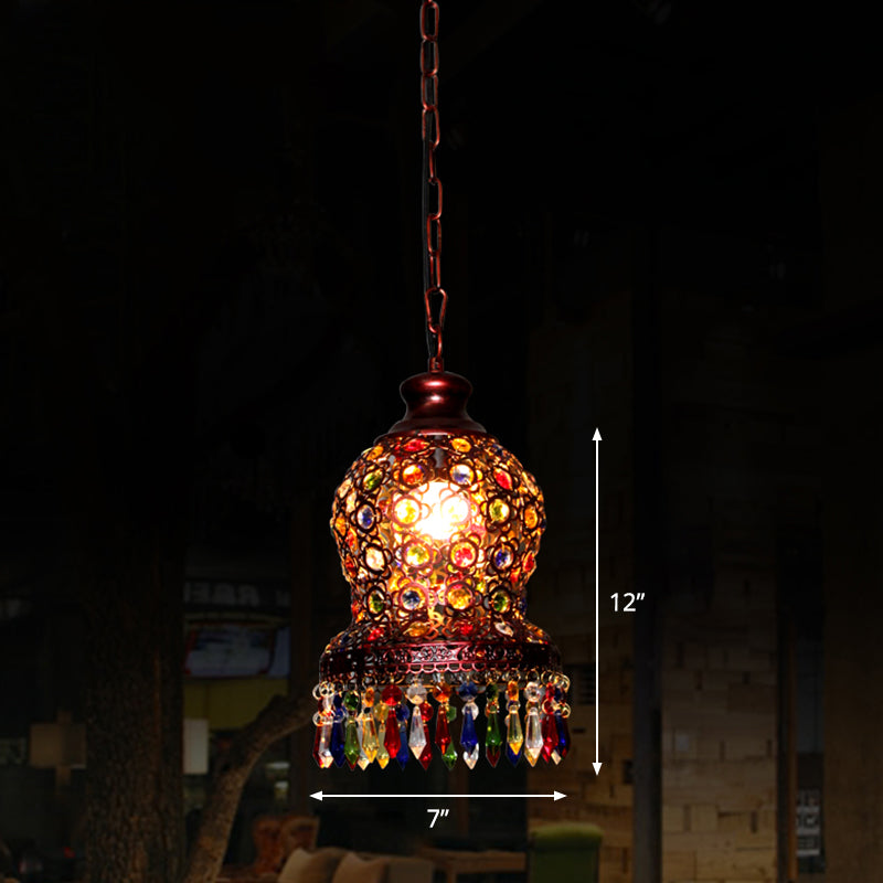 Shaded Colored Crystal Suspension Light Bohemian Restaurant Pendant Light Fixture in Copper