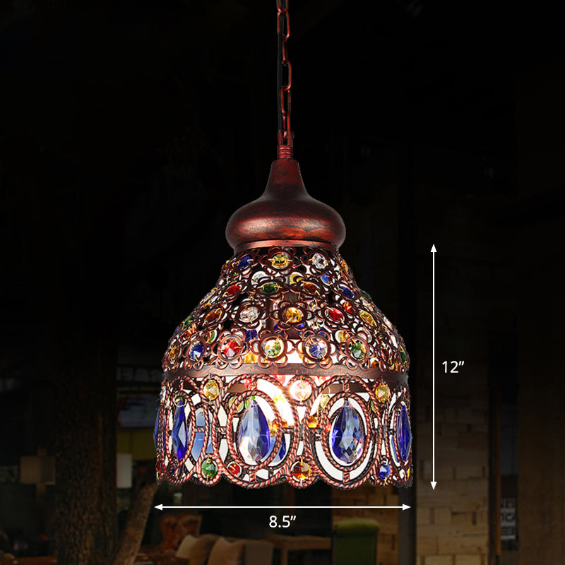 Shaded Colored Crystal Suspension Light Bohemian Restaurant Pendant Light Fixture in Copper