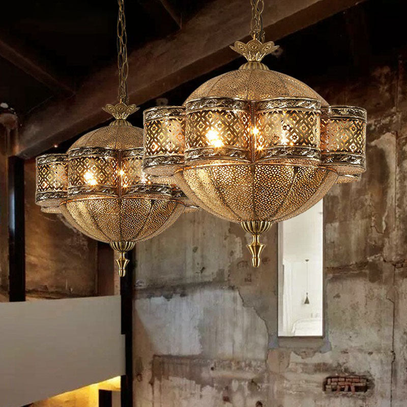 Cut-out Metallic Ceiling Light Southeast Asia 6 Bulbs Restaurant Hanging Pendant Light in Bronze