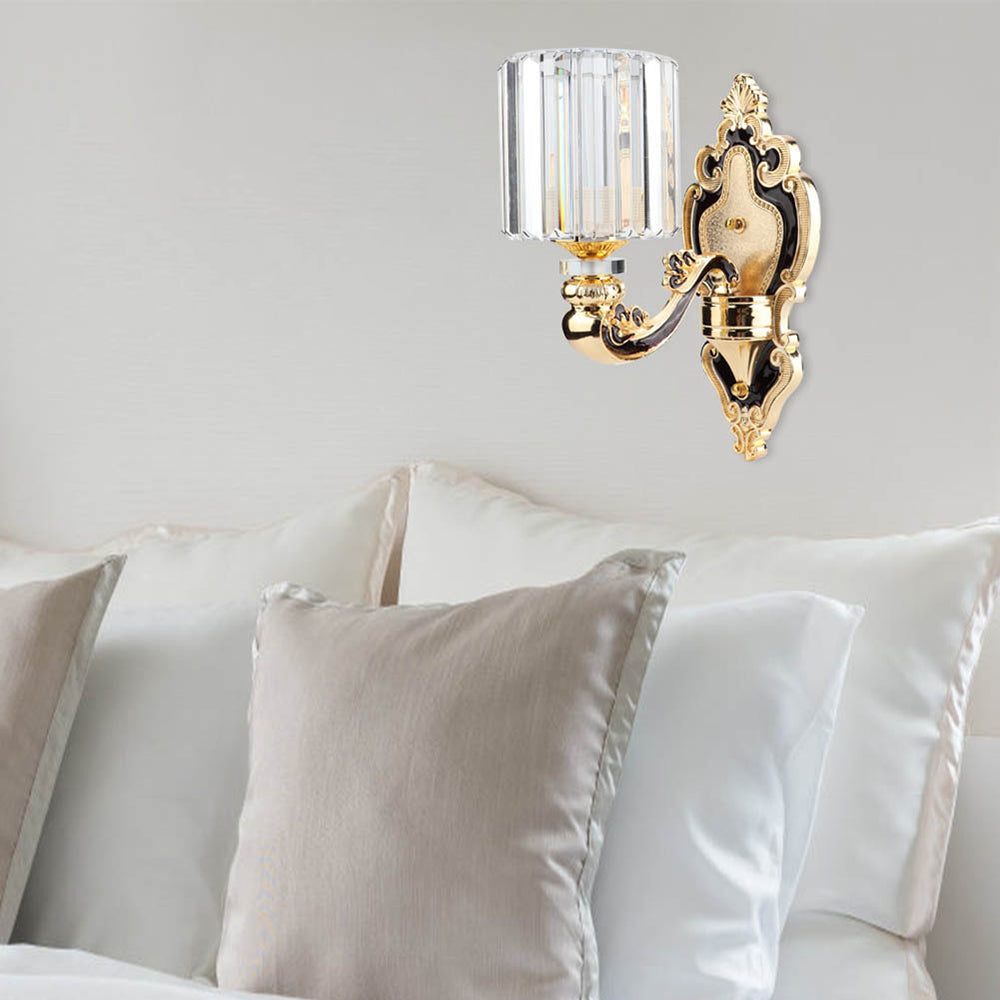 Rectangular-Cut Crystal Cylinder Sconce Light Contemporary 1 Light Bedroom Wall Mount Light in Gold