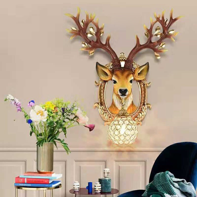 Brown Globe Wall Light Vintage 1 Light Crystal and Metal Sconce Light with Deer Backplate