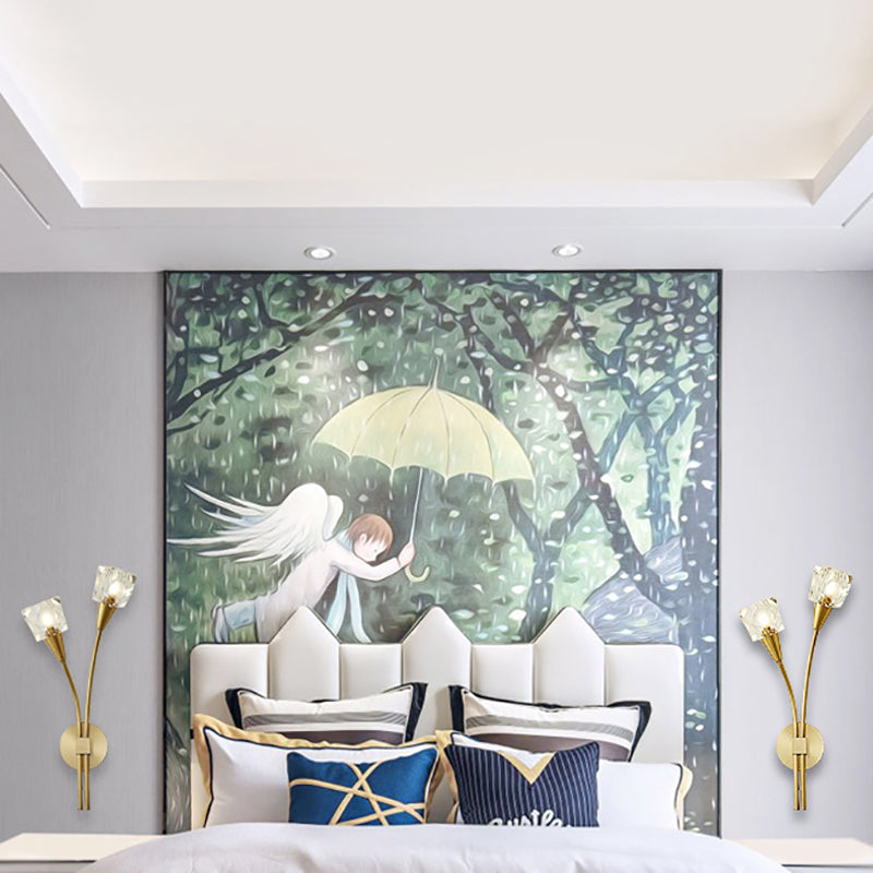 Faceted Crystal Bud Wall Mount Light Contemporary 2 Lights Brass Sconce Light for Bedroom