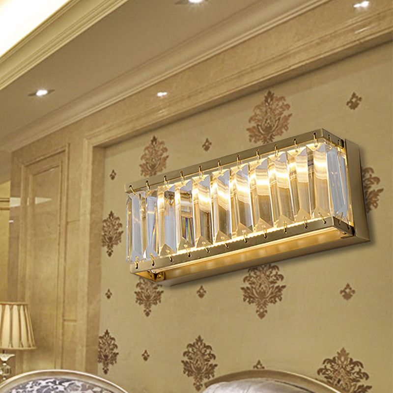 Golden Rectangle Wall Mount Light Modern LED Metallic Wall Lighting Fixture with Clear Faceted Crystal