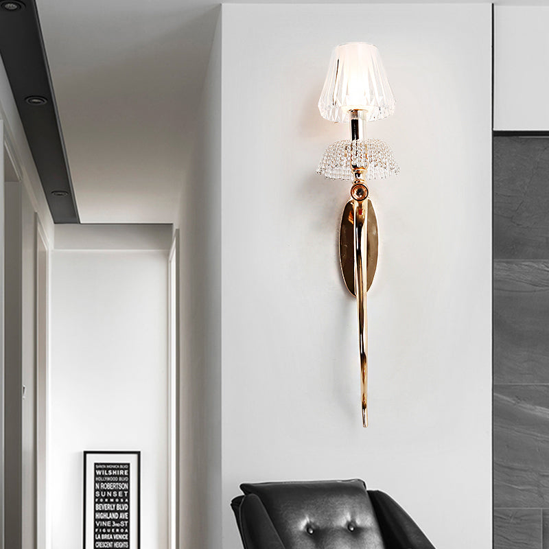 Cone Bedroom Wall Sconce Light Traditional Clear Crystal 1 Light Gold Wall Lamp with Metal Curvy Arm
