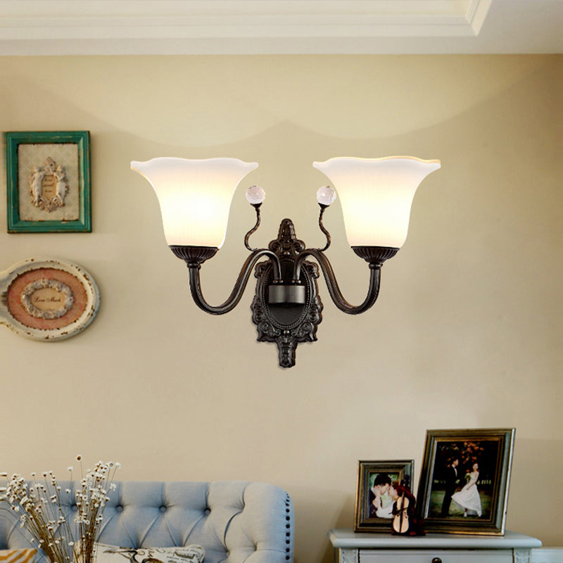 Ivory Glass Black Wall Lamp Flower 1/2-Light Rustic Wall Mount Light Fixture with Crystal Accent for Hall