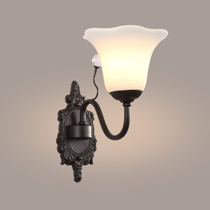Ivory Glass Black Wall Lamp Flower 1/2-Light Rustic Wall Mount Light Fixture with Crystal Accent for Hall