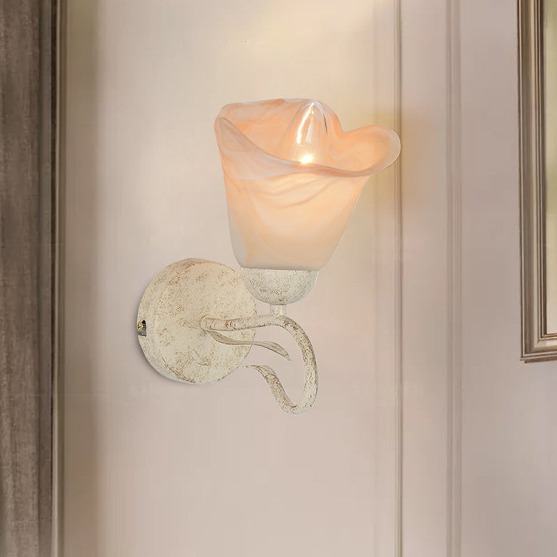 Frosted Glass Distressed White Sconce Floral Single Light Traditional Wall Mount Light with Round Backplate for Bedroom