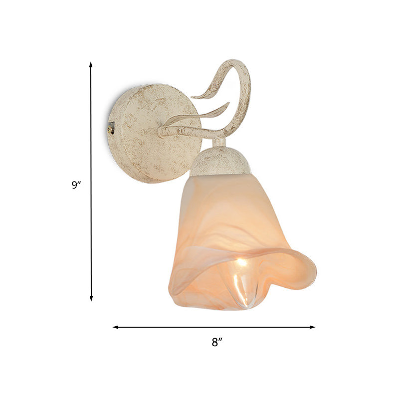Frosted Glass Distressed White Sconce Floral Single Light Traditional Wall Mount Light with Round Backplate for Bedroom