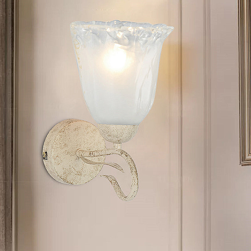 Frosted Glass White Wall Sconce Floral Single Bulb Vintage Wall Light Fixture with Round Backplate