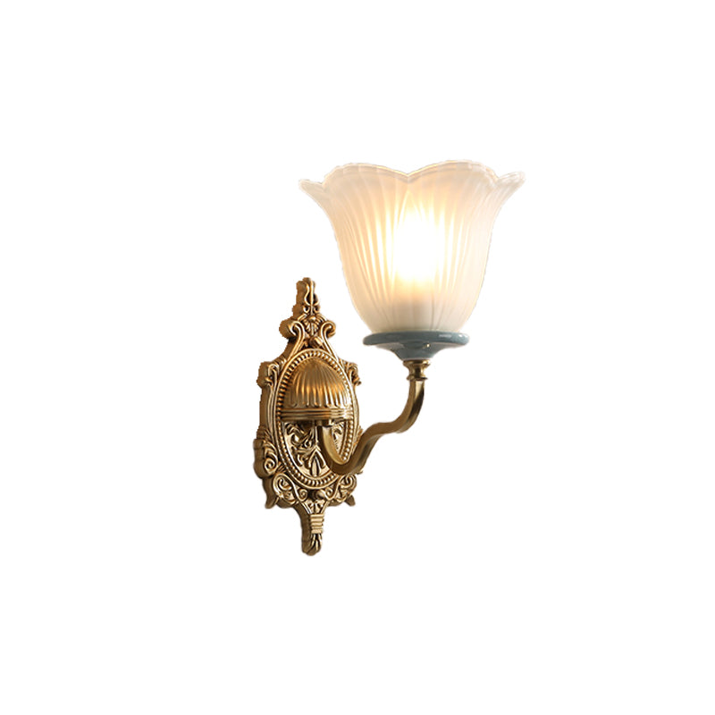 Milk Glass Brass Wall Lamp Carved Blossom 1/2-Light Vintage Wall Light Sconce with Wavy Arm for Porch