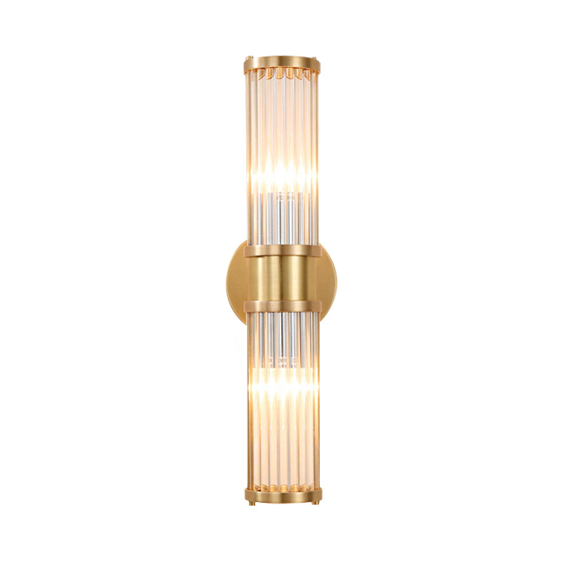Brass Linear Wall Lamp Modern Stylish 2 Lights Clear Crystal Wall Light Sconce with Cylinder Shape