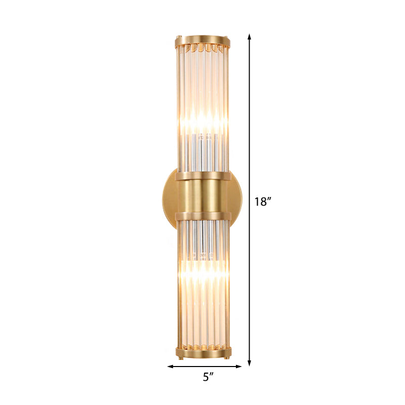 Lampada a parete lineare in ottone moderno a 2 luci eleganti fulloni da parete in cristallo trasparente con forma del cilindro