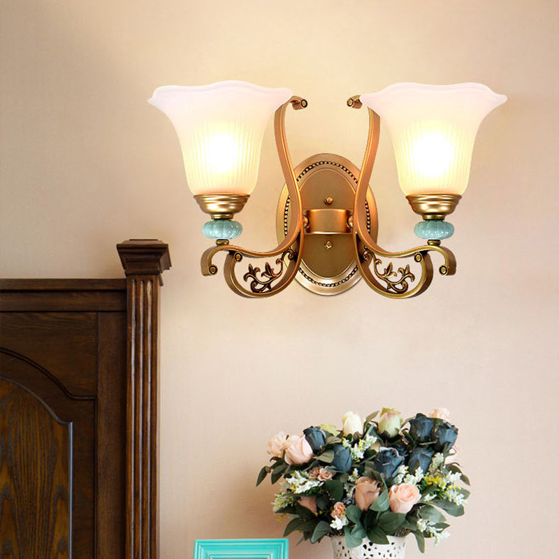 Traditional Scalloped Wall Mounted Lamp 1/2-Light Milky Glass Shade Wall Sconce Light in Gold for Bedroom
