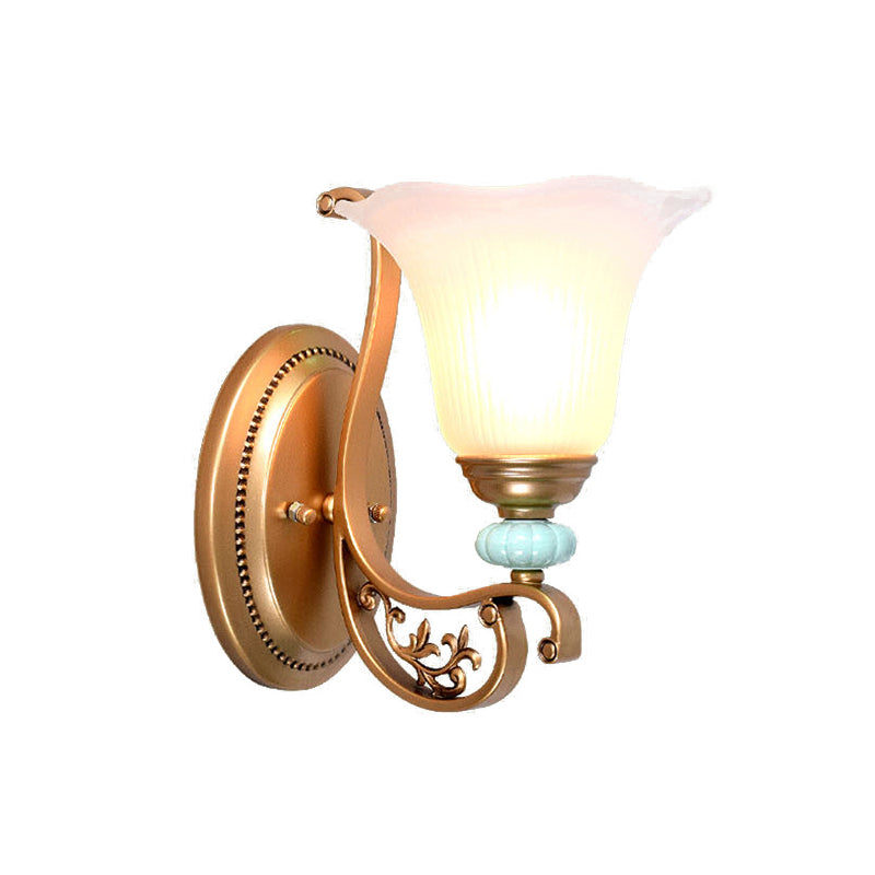 Traditional Scalloped Wall Mounted Lamp 1/2-Light Milky Glass Shade Wall Sconce Light in Gold for Bedroom
