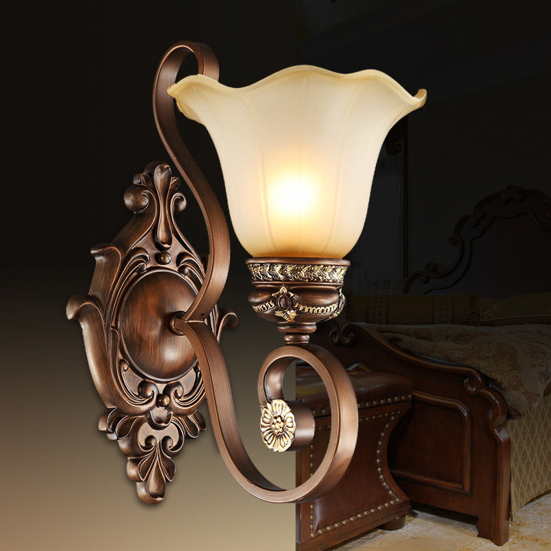 Retro Floral Wall Lamp 1 Light Frosted Glass Wall Sconce Light with Metal Curved Arm in Brown for Porch