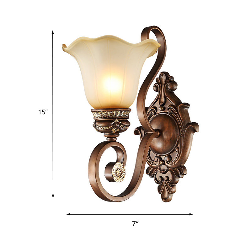 Retro Floral Wall Lamp 1 Light Frosted Glass Wall Sconce Light with Metal Curved Arm in Brown for Porch