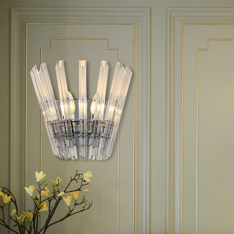 Tapered Shape Wall Mount Light Contemporary Style Clear Crystal 2 Bulbs Corridor Wall Lighting in Chrome