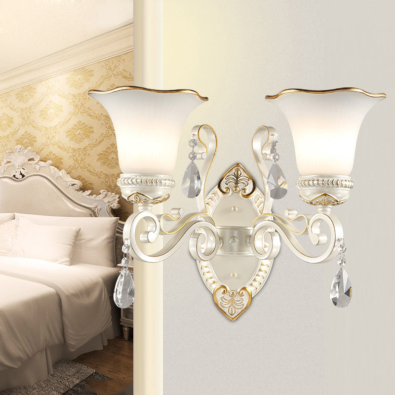 1/2-Bulb Frosted Glass Wall Lamp White Floral Shade Living Room Sconce Light with Crystal Accent