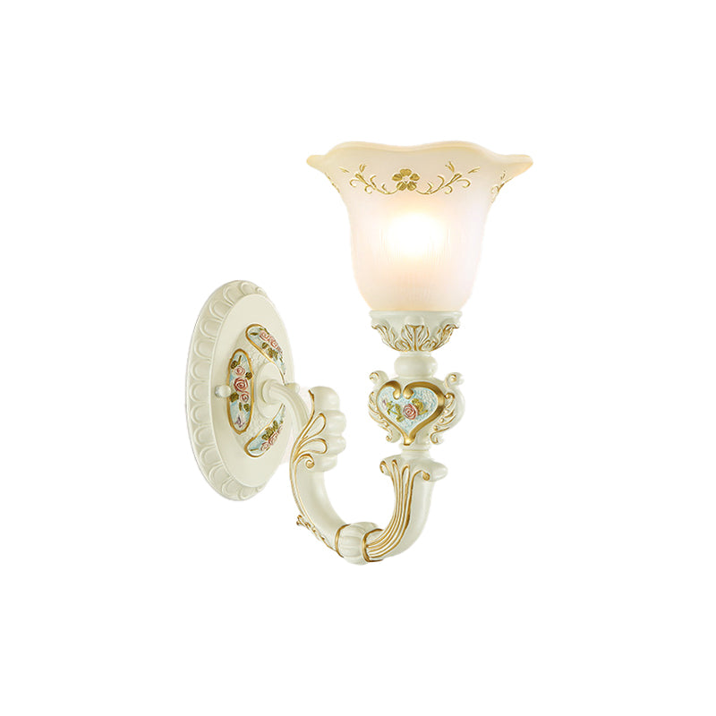 1-Light Wall Mount Lamp Retro Flower Frosted Glass Sconce Light with Carved Arm in White for Porch