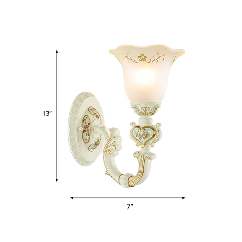 1-Light Wall Mount Lamp Retro Flower Frosted Glass Sconce Light with Carved Arm in White for Porch