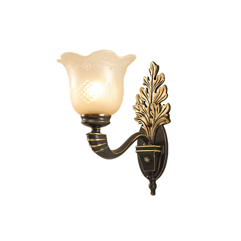 1/2-Light Wall Light Fixture Vintage Blossom Carved Glass Wall Sconce with Curved Arm in Black for Living Room