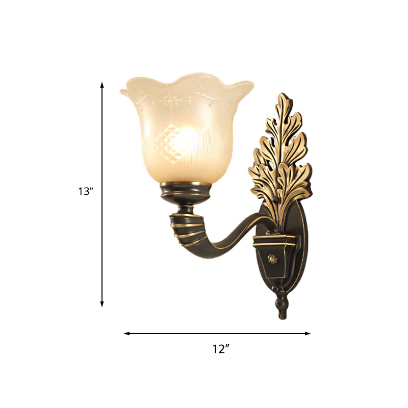 1/2-Light Wall Light Fixture Vintage Blossom Carved Glass Wall Sconce with Curved Arm in Black for Living Room