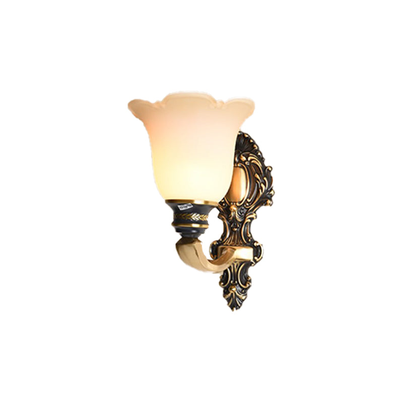 Floral Bedroom Wall Sconce Light Traditional White Glass 1/2-Light Brass Wall Lamp with Metal Curvy Arm