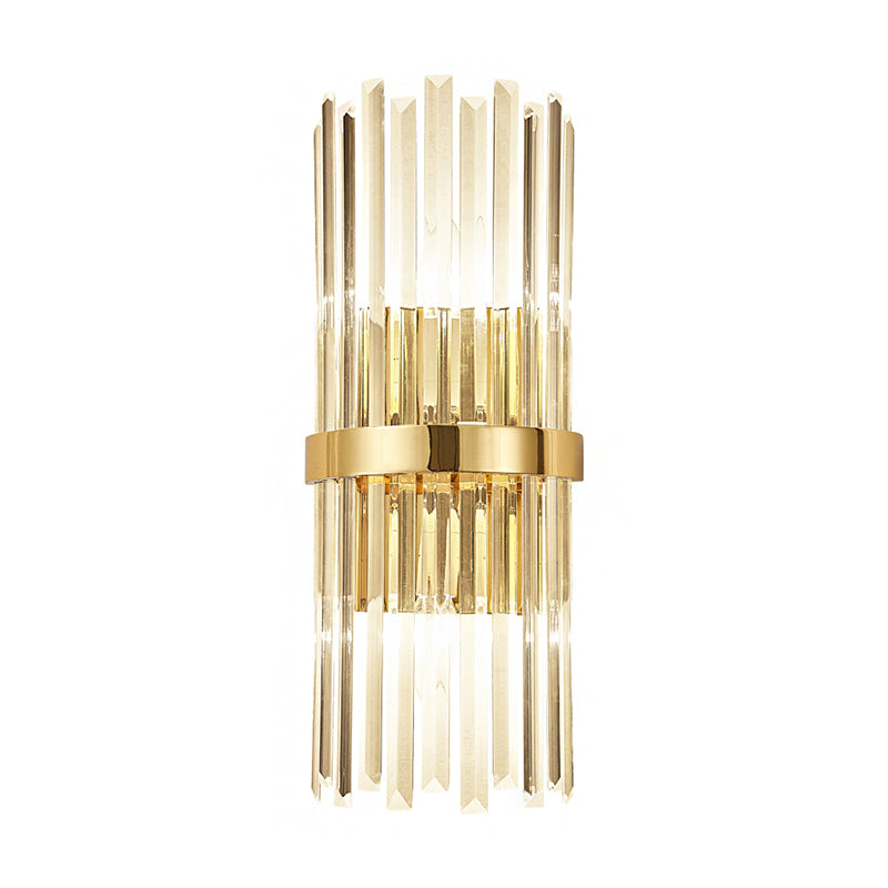 Cylinder Wall Mounted Lamp Contemporary Style Clear Crystal 2 Bulbs Golden Wall Lighting for Living Room