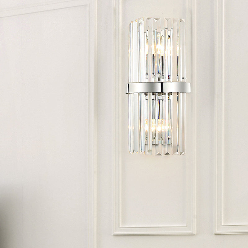 Contemporary Style Cylinder Wall Sconce Fixture Clear Crystal 2 Lights Bedroom Wall Lighting in Chrome