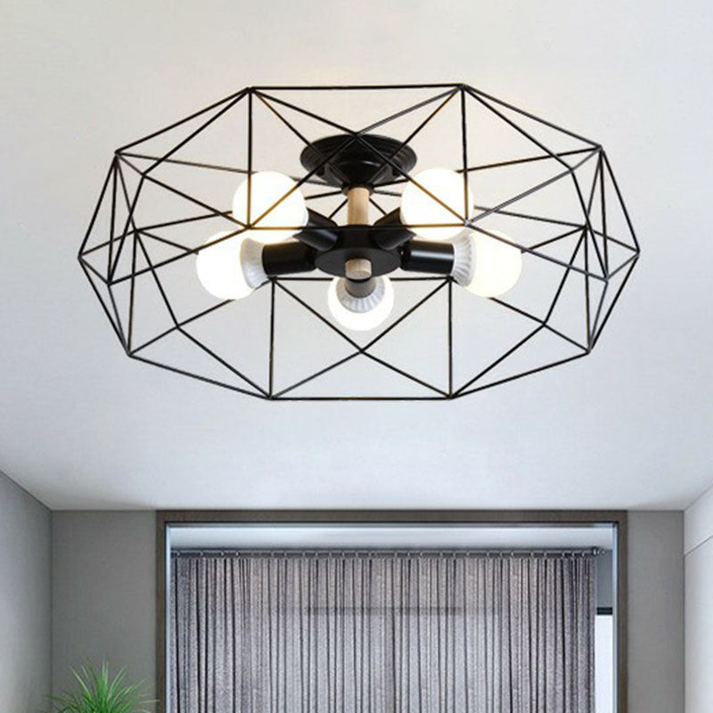 Industrial Fan Cage Semi Flush Mount Iron Flushmount Ceiling Light for Living Room