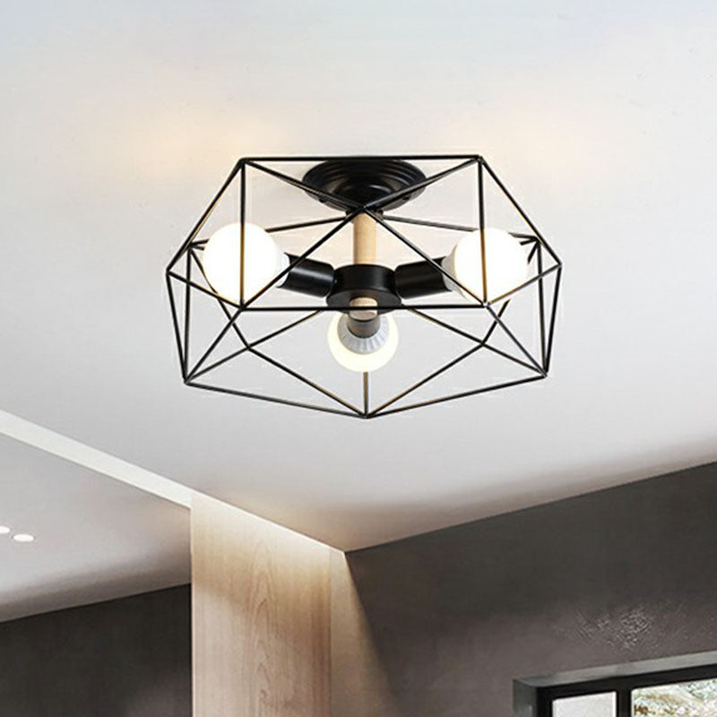 Industrial Fan Cage Semi Flush Mount Iron Flushmount Ceiling Light for Living Room