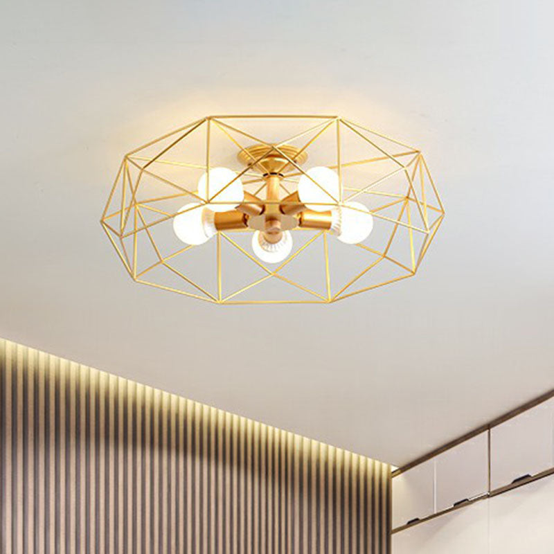 Industrial Fan Cage Semi Flush Mount Iron Flushmount Ceiling Light for Living Room