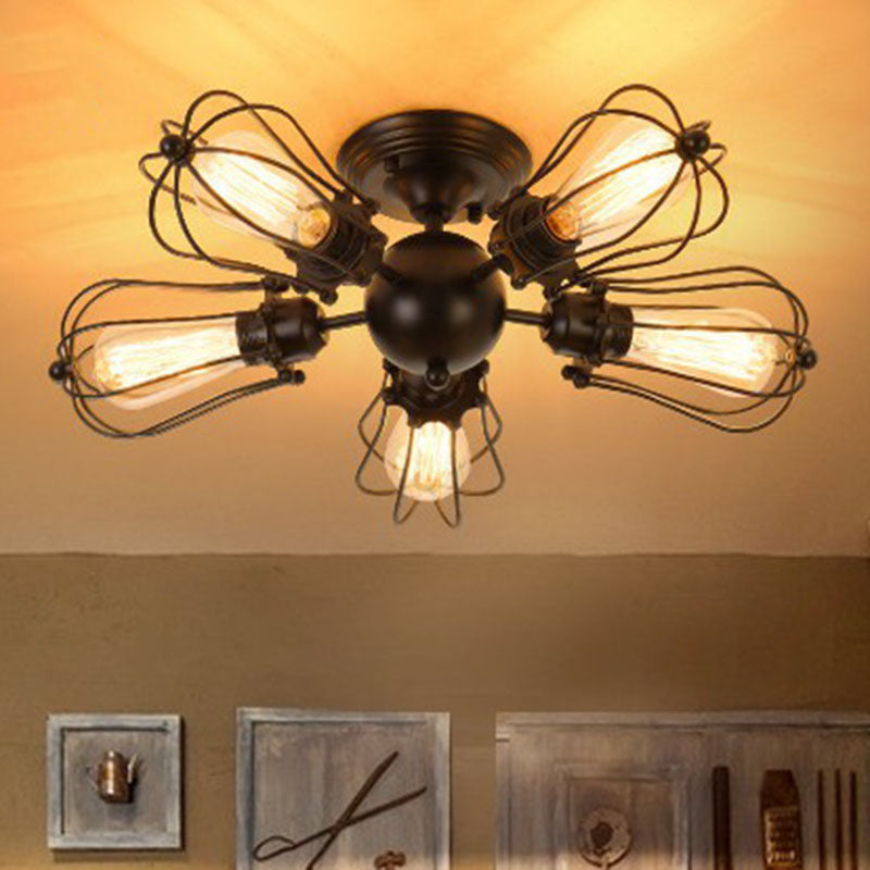 Radial Shape Iron Semi Flush Ceiling Light Vintage Restaurant Flush Mount Lighting with Cage in Black