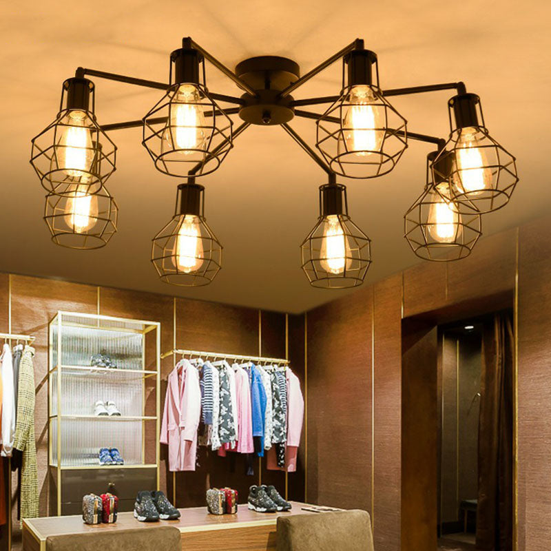 Radial Shape Iron Semi Flush Ceiling Light Vintage Restaurant Flush Mount Lighting with Cage in Black