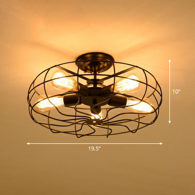 Radial Shape Iron Semi Flush Ceiling Light Vintage Restaurant Flush Mount Lighting with Cage in Black