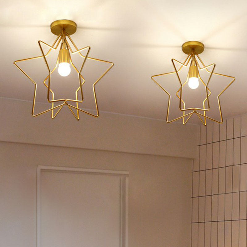 Industrial Star Semi Flush Mount Single Iron Flushmount Ceiling Light in Gold for Corridor