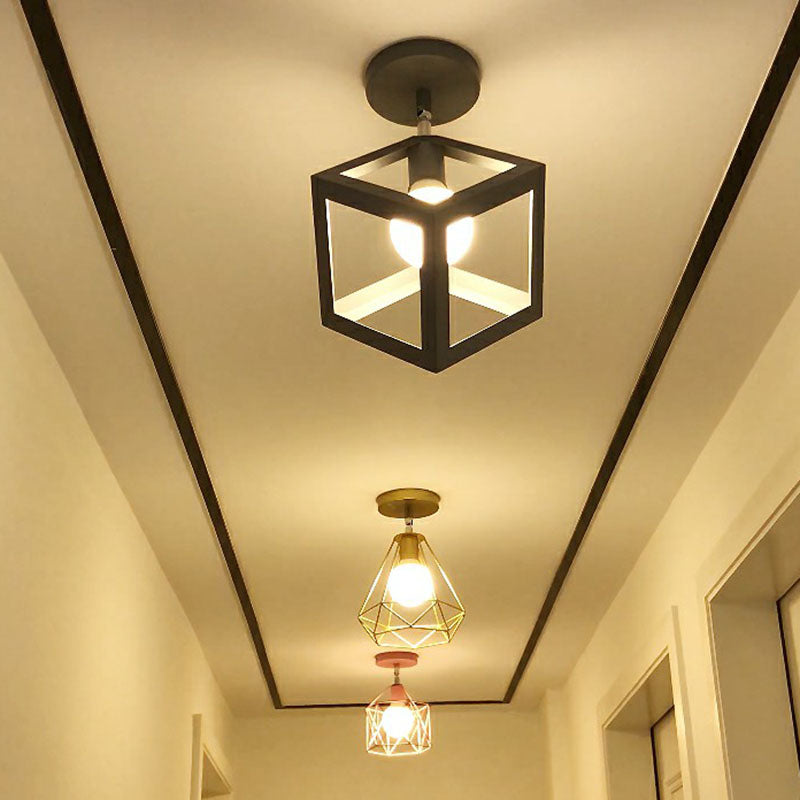 Retro Geometric Semi Flush Mount Lighting 1 Head Iron Flush Mount Fixture for Entryway