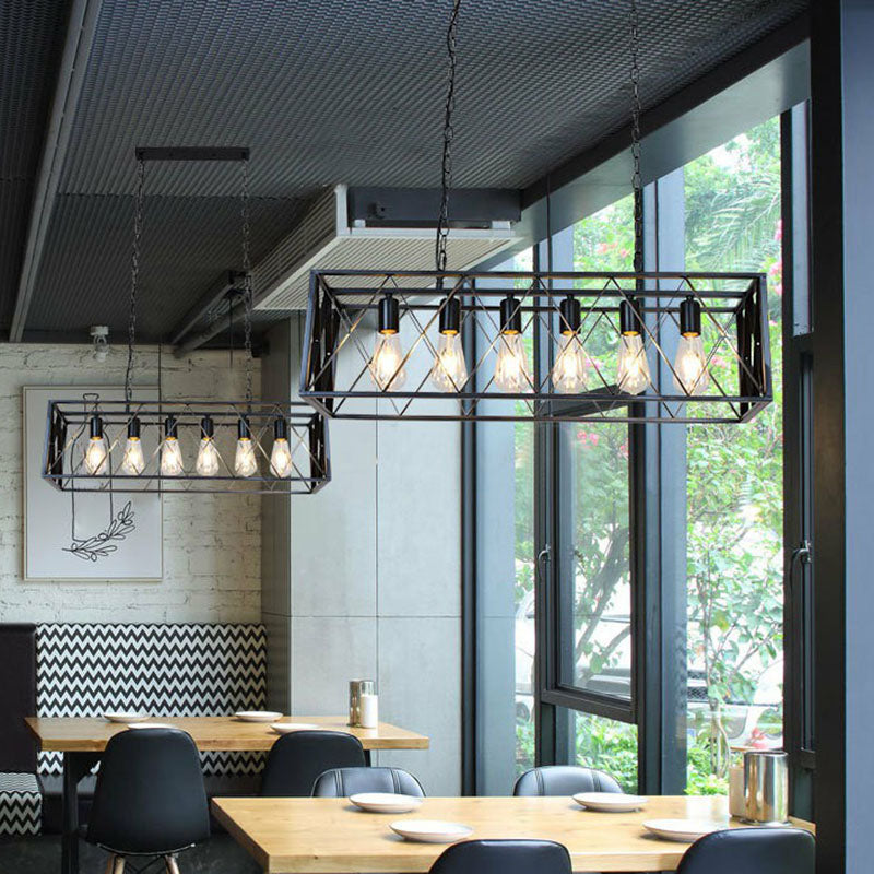 Rectangular Iron Island Pendant Lighting Vintage Dining Room Ceiling Light in Black