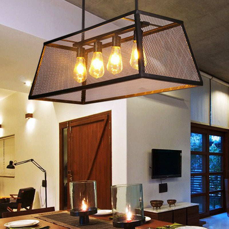 Iron Trapezoid Suspension Light Antique 4 Heads Restaurant Island Chandelier Light in Black