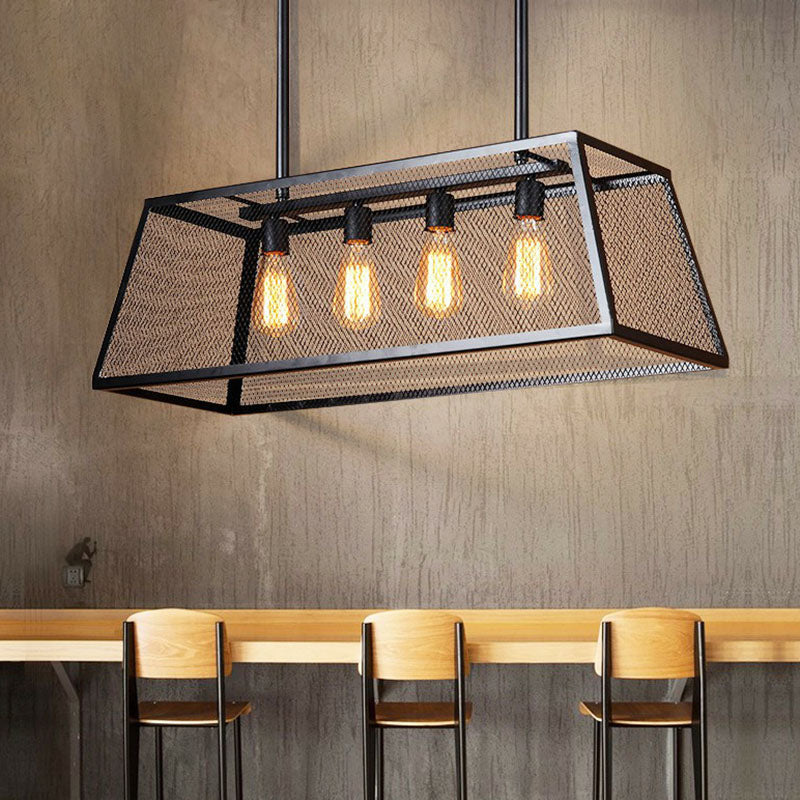 Iron Trapezoid Suspension Light Antique 4 Heads Restaurant Island Chandelier Light in Black