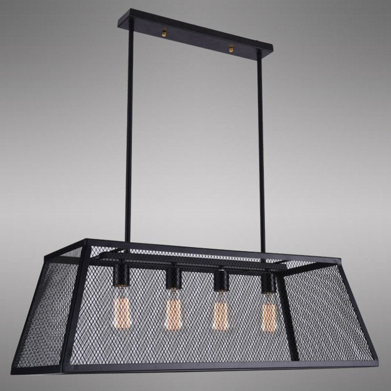 Iron Trapezoid Suspension Light Antique 4 Heads Restaurant Island Chandelier Light in Black