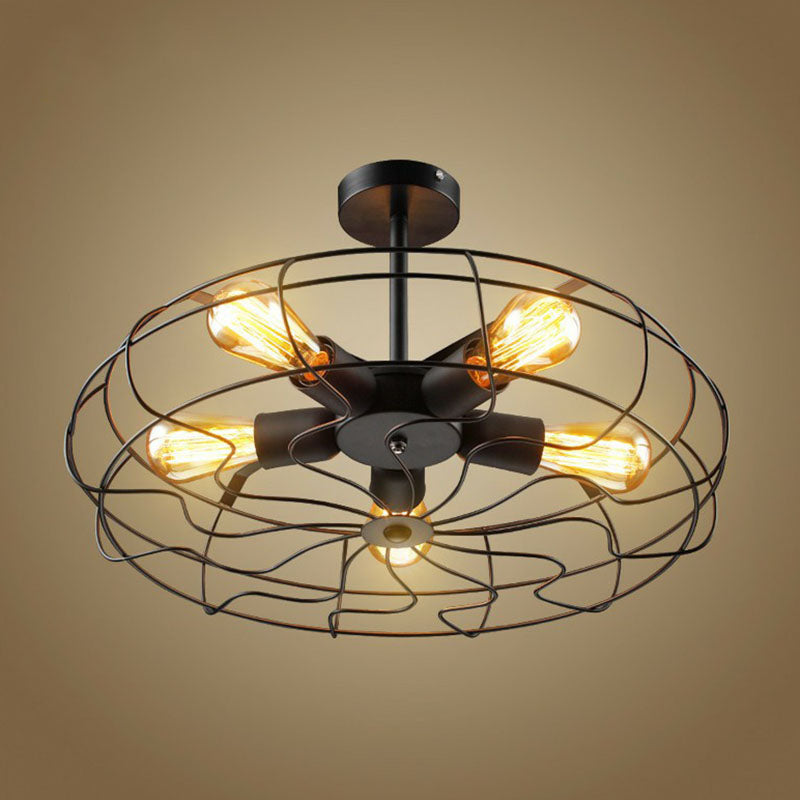 5 Bulbs Ceiling Lighting Simplicity Fan Cage Iron Chandelier Light Fixture in Black