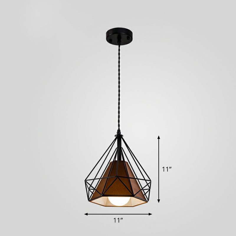 1-Light Pendant Light Antique Diamond Cage Iron Hanging Light Fixture for Dining Room
