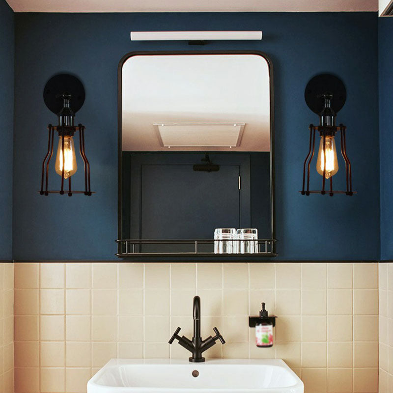 Luz de pared enjaulada de hierro Estilo retro 1 cabezal accesorio de iluminación de pared de sala de estar en negro