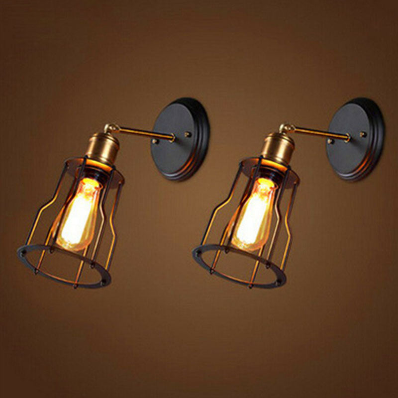 Cage Shade Iron Mur Mount Light Style antique Éclairage mural de couloir 1-Light en noir