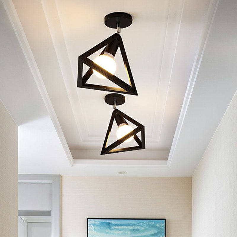 Geometric Metallic Semi Flush Fixture Antique Single-Bulb Corridor Flush Mount Ceiling Light in Black