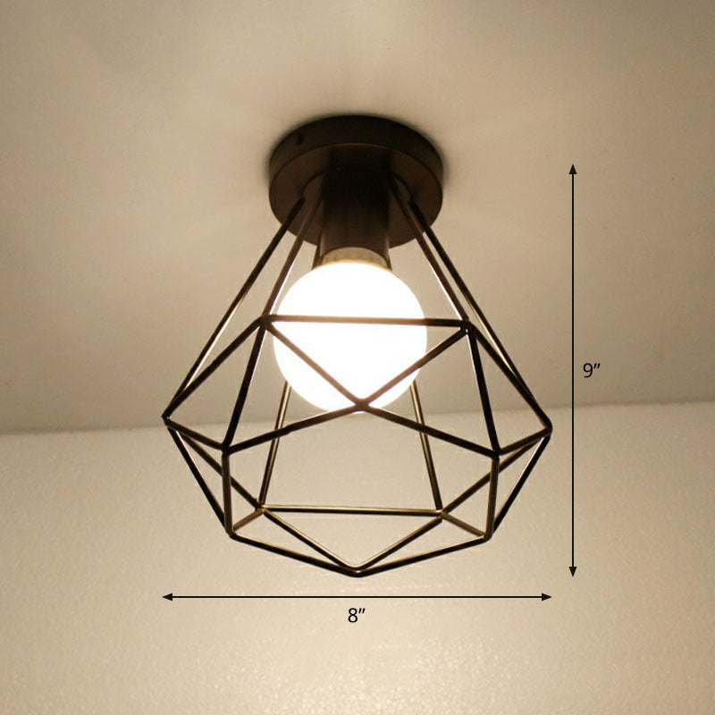 Geometric Metallic Semi Flush Fixture Antique Single-Bulb Corridor Flush Mount Ceiling Light in Black