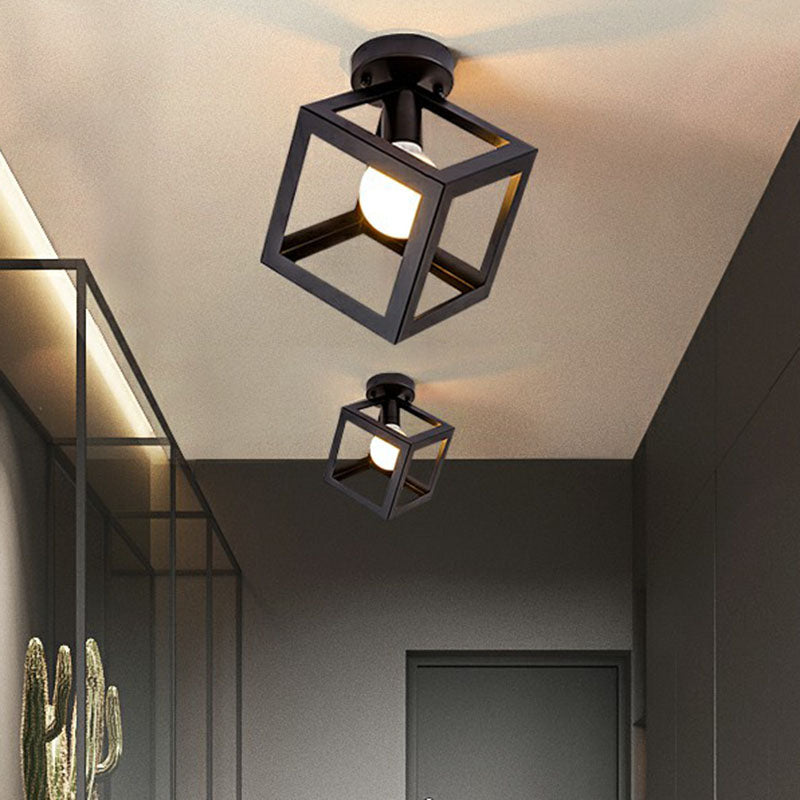 Geometric Metallic Semi Flush Fixture Antique Single-Bulb Corridor Flush Mount Ceiling Light in Black