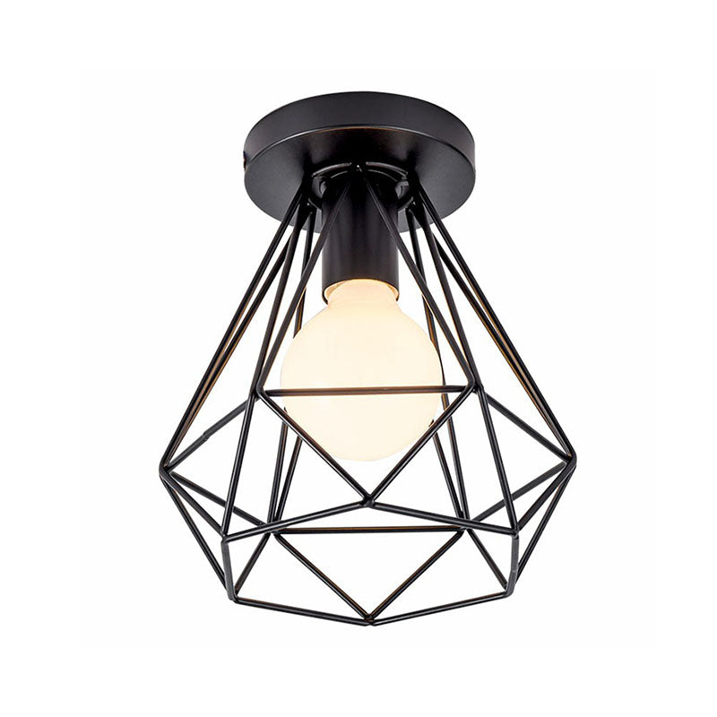 Geometric Metallic Semi Flush Fixture Antique Single-Bulb Corridor Flush Mount Ceiling Light in Black