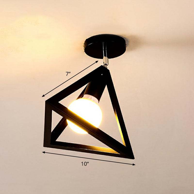 Geometric Metallic Semi Flush Fixture Antique Single-Bulb Corridor Flush Mount Ceiling Light in Black